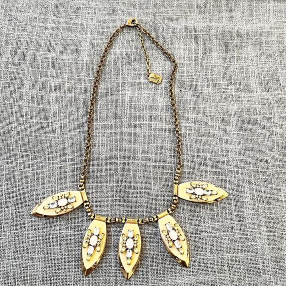 Bijou Box Statement Necklace‎ Cream Enamel Rhinestones Goldtone Brass Adjustable